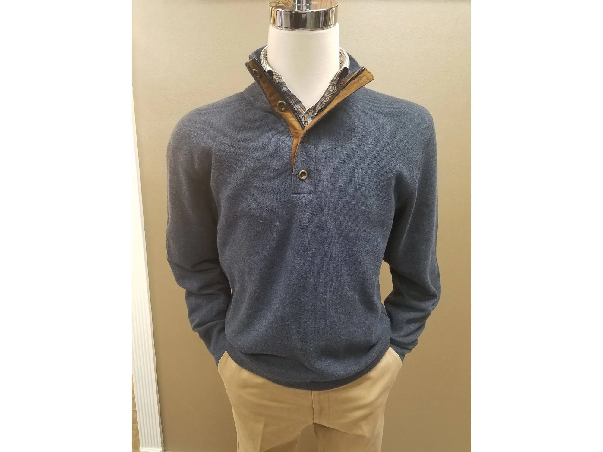 1/4 Zip With Buttons Brushed Elbow Patch Pullover Knit in Denim Blue