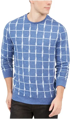 Alfani Men's Jacquard Grid Crewneck Lightweight Sweatshirt, Blue, S