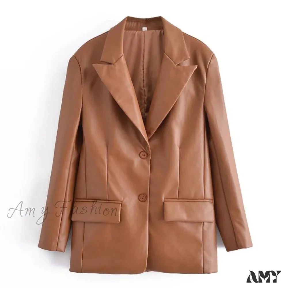 Amy Fashion - Long PU Faux Leather Blazers