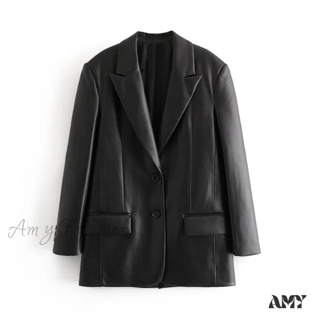 Amy Fashion - Long PU Faux Leather Blazers