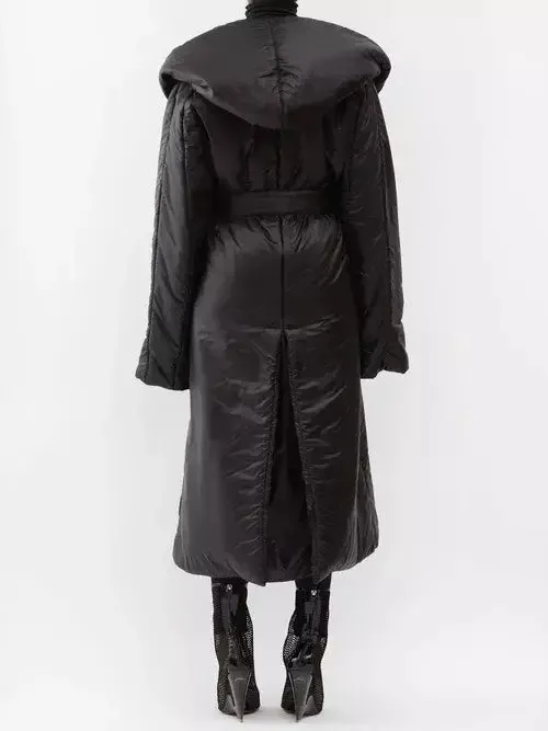 Belted Padded Wrap Coat in Black