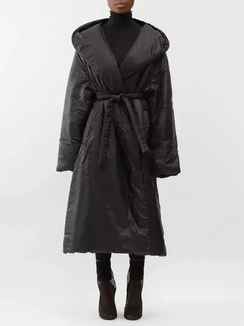 Belted Padded Wrap Coat in Black