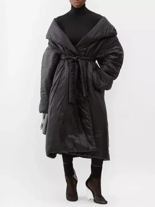 Belted Padded Wrap Coat in Black