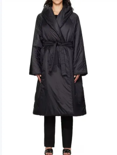 Belted Padded Wrap Coat in Black