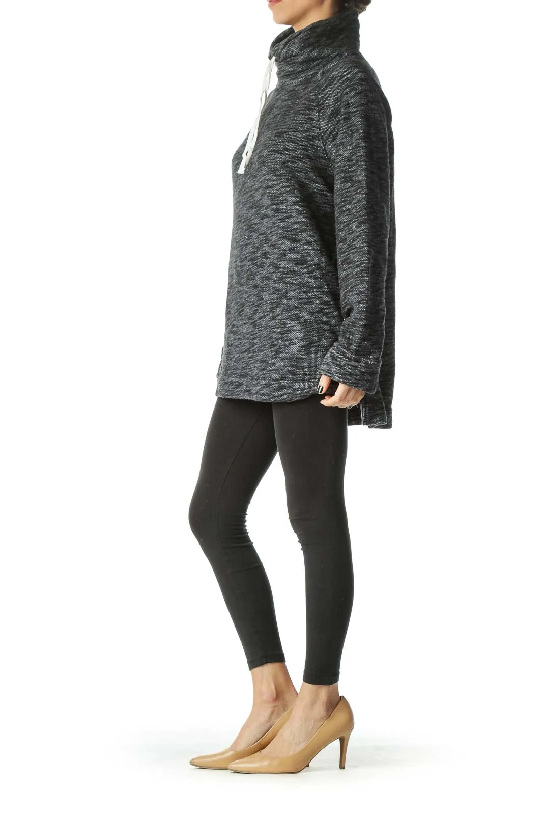 Black Gray White Knit Drawstring Pullover Sweater