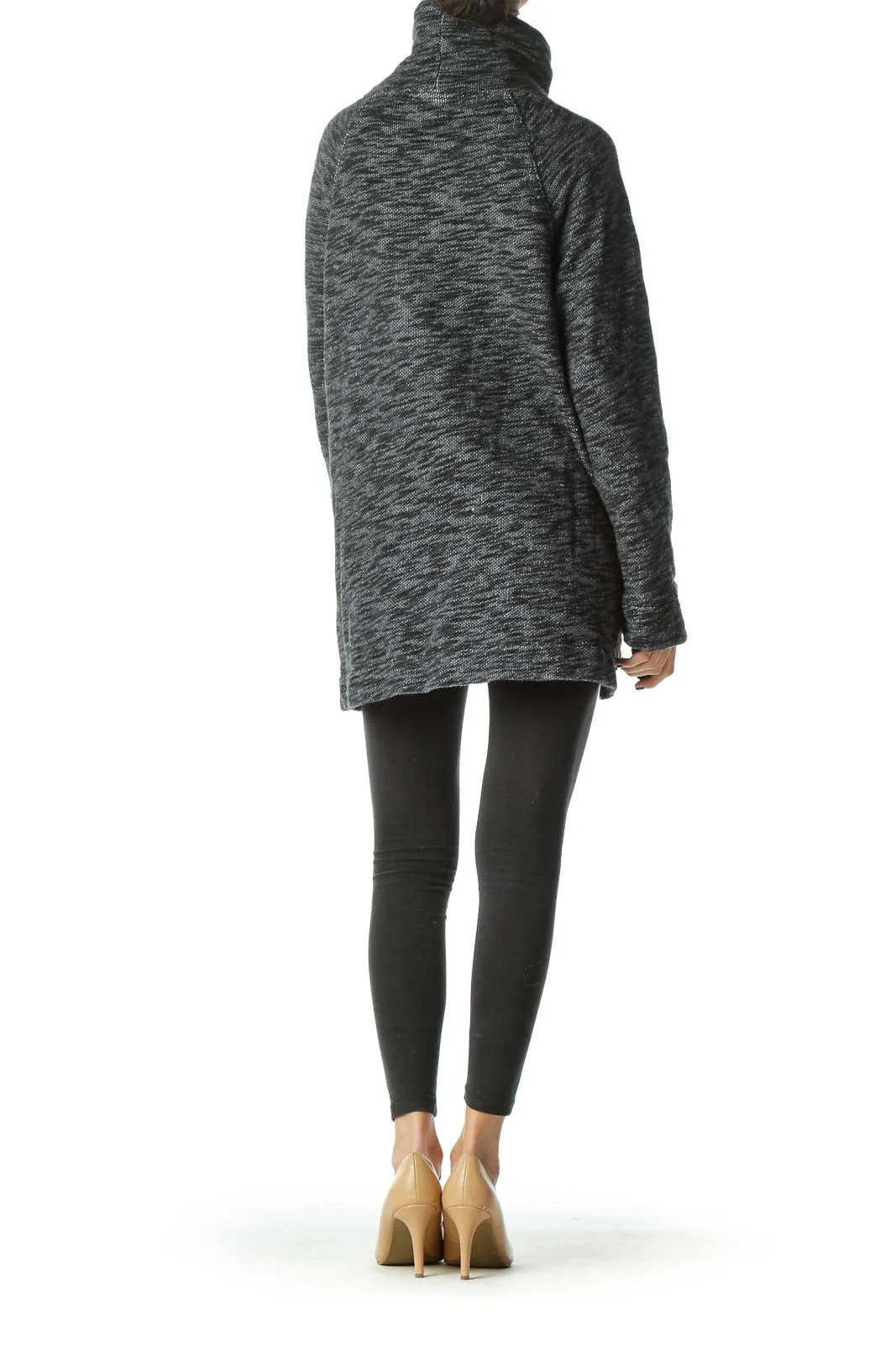 Black Gray White Knit Drawstring Pullover Sweater