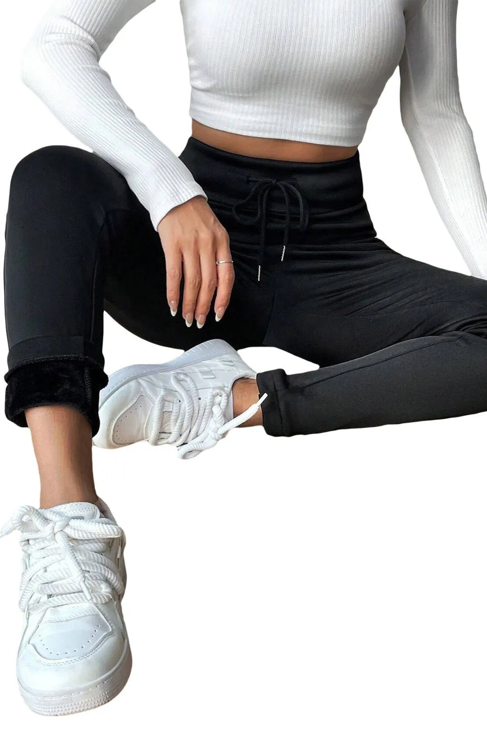 Black Solid Drawstring Waist Thermal Lined Leggings