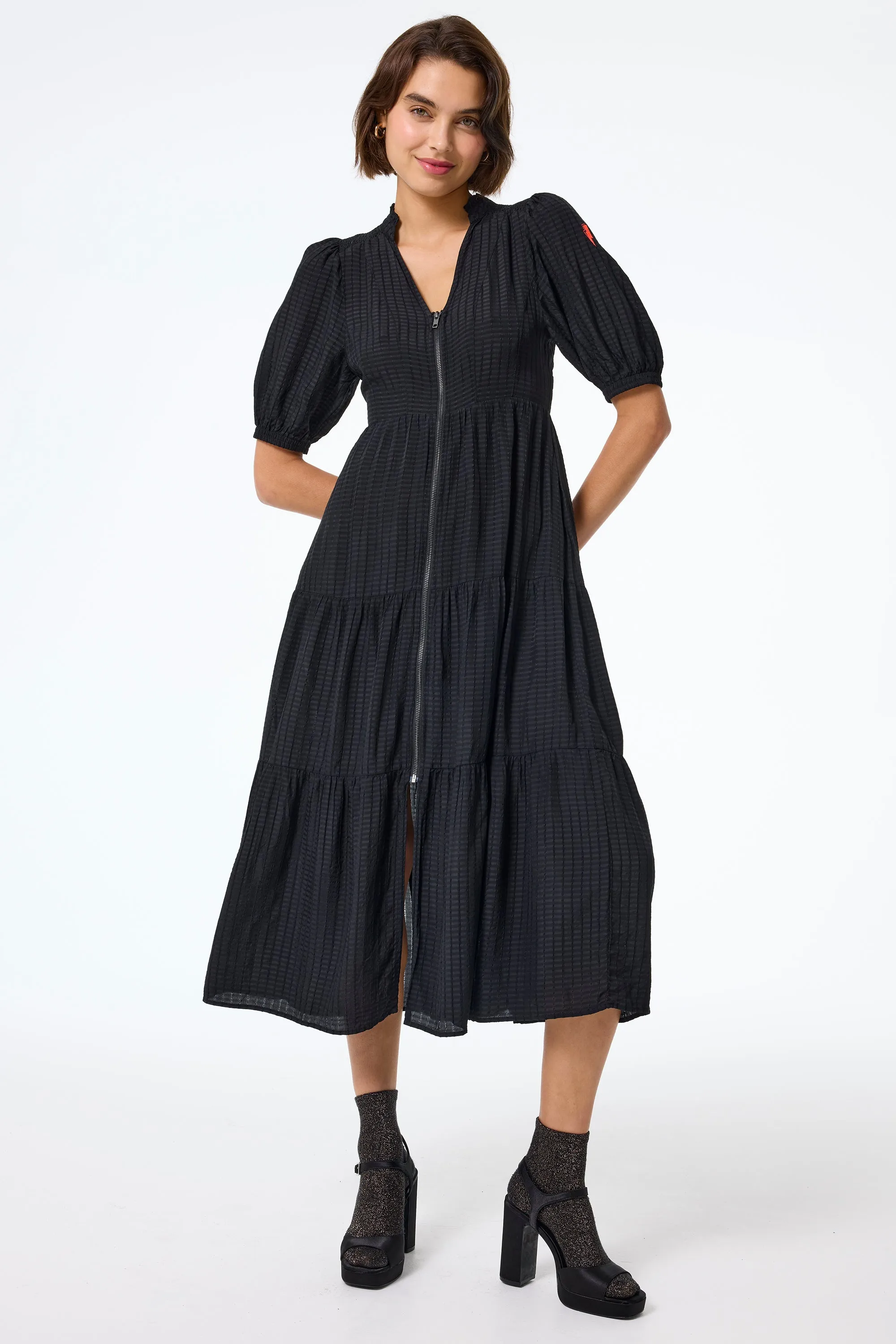 Black Textured Zip Detail Tiered Midi Dress