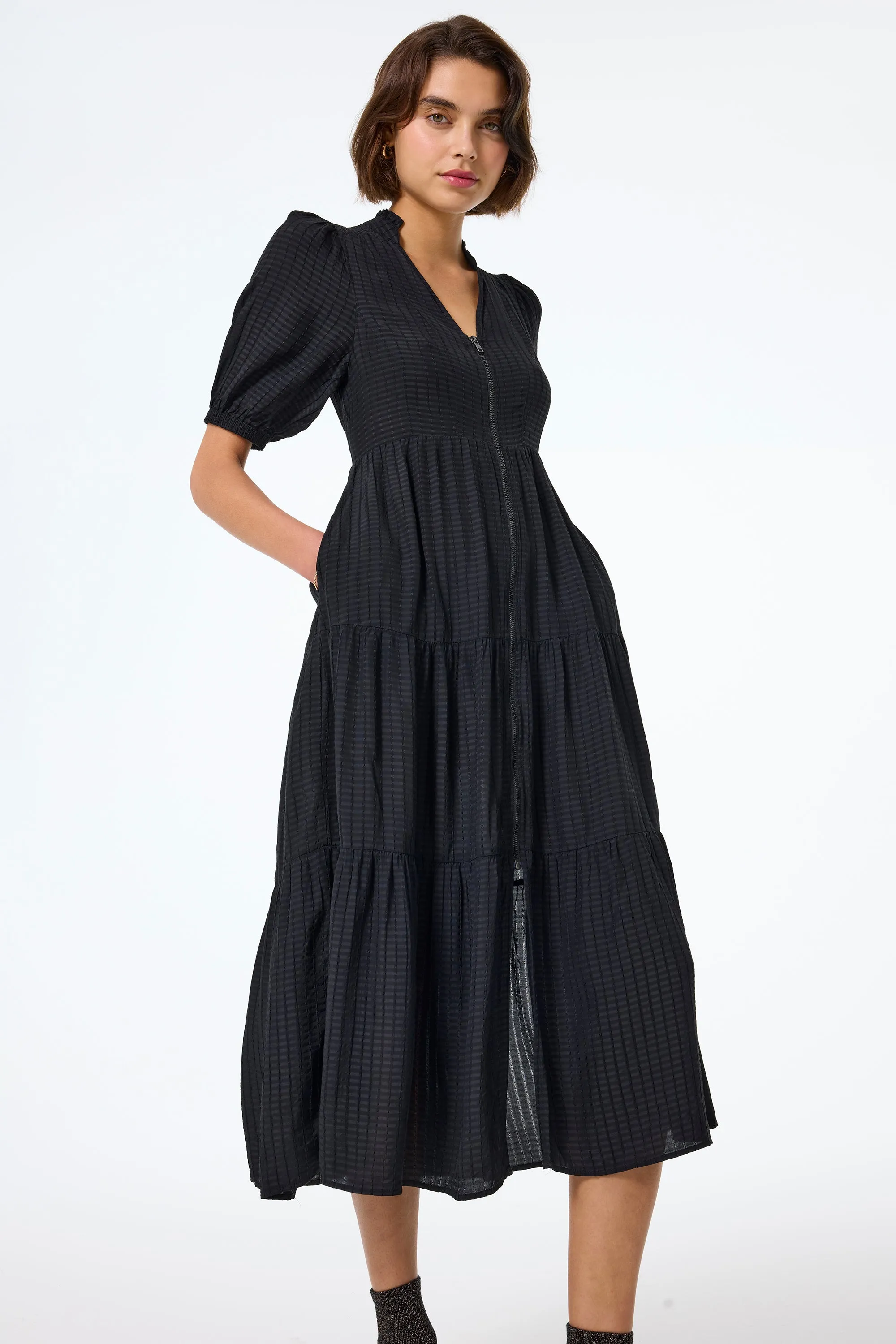 Black Textured Zip Detail Tiered Midi Dress