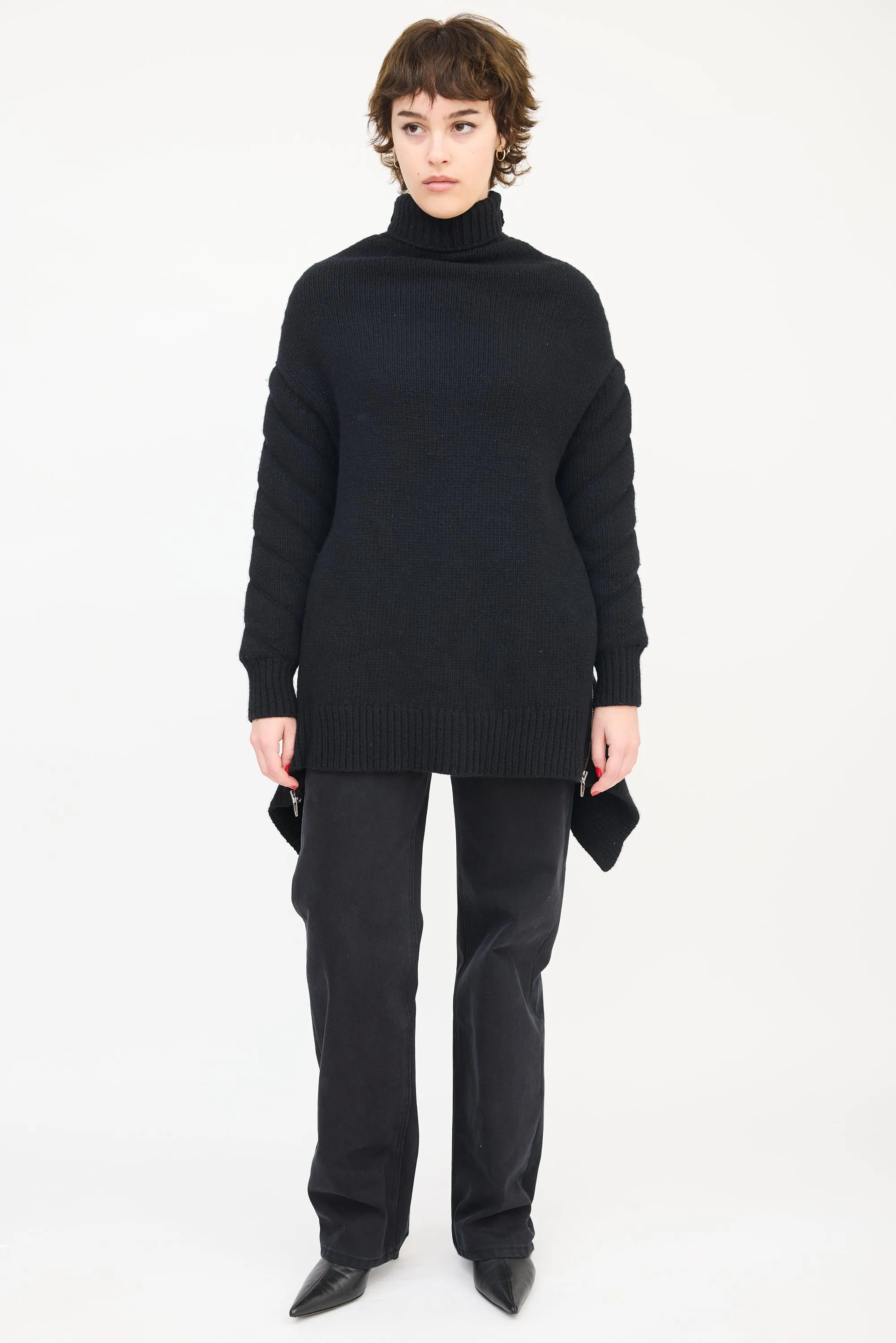 Black Wool Zip Flounce Turtleneck Sweater