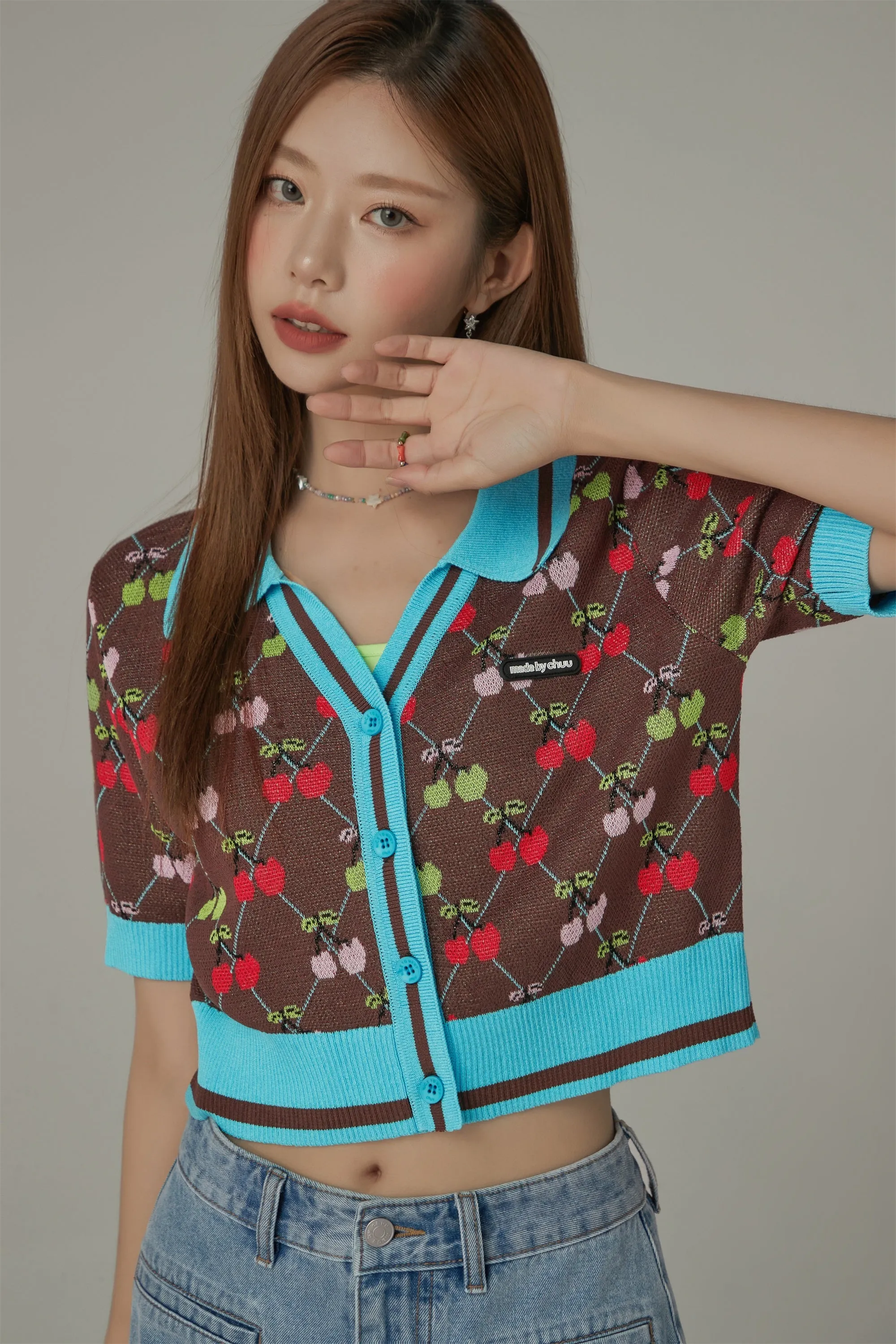 Cherry Argyle Colored Short Sleeve Knit Cardigan