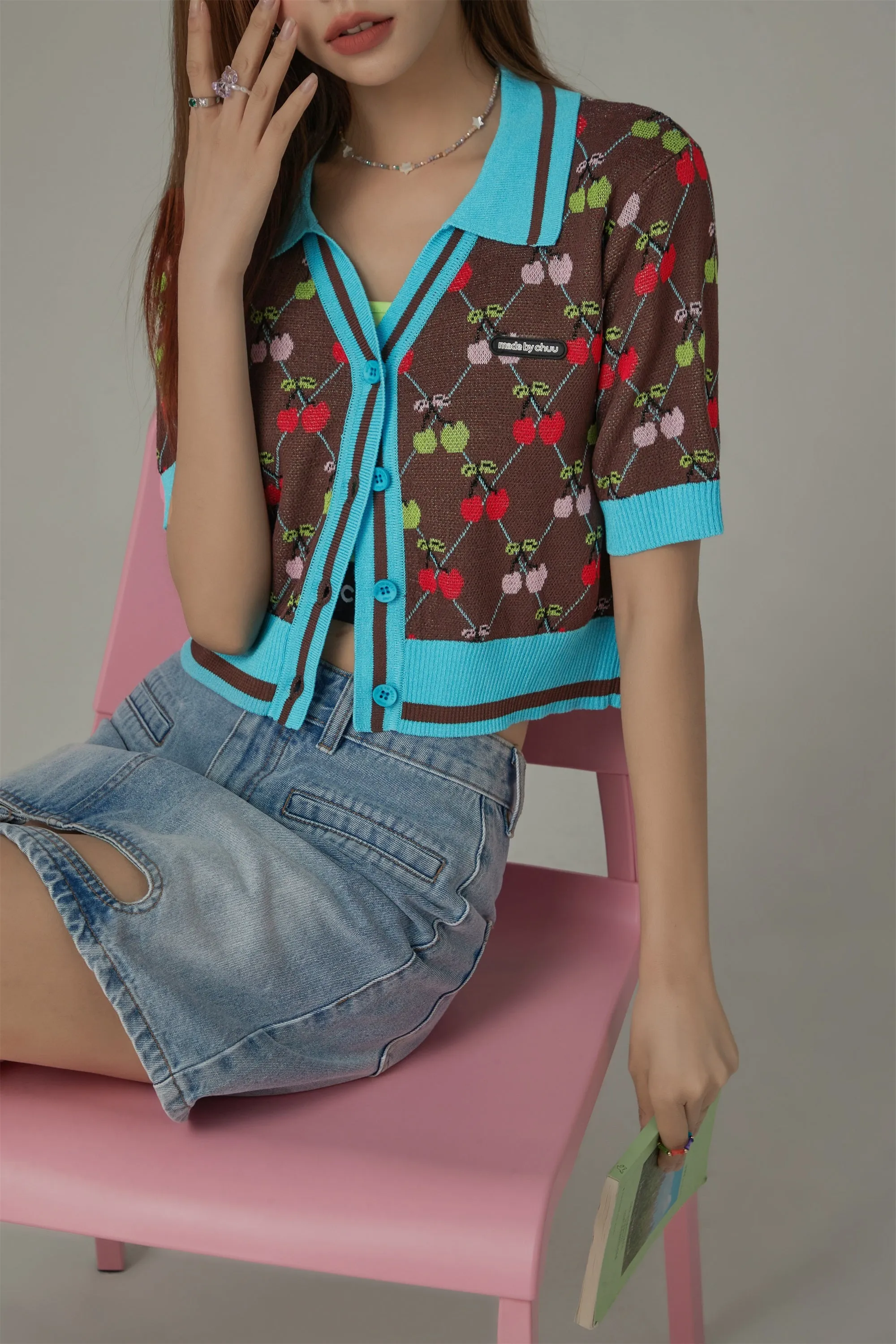 Cherry Argyle Colored Short Sleeve Knit Cardigan