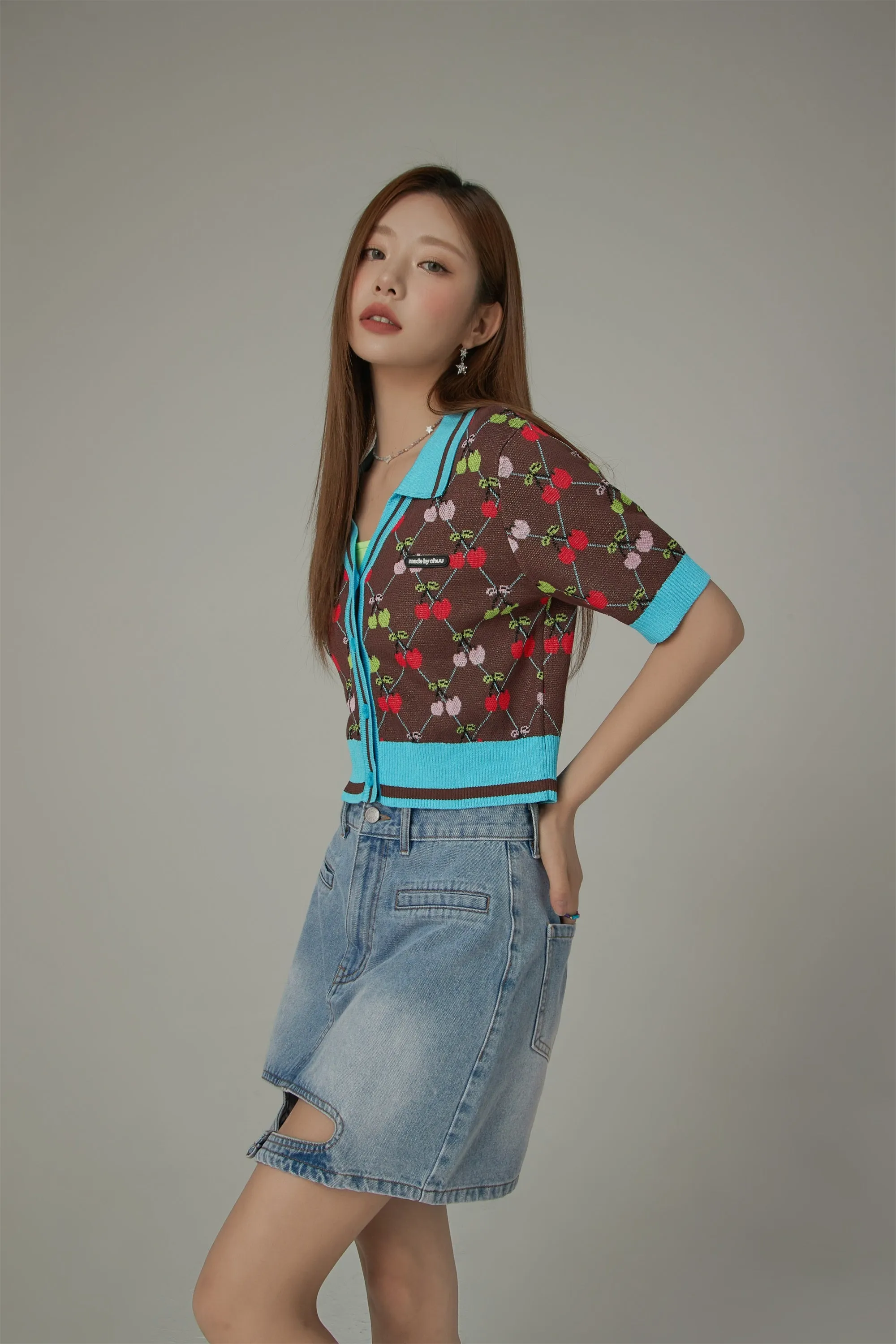 Cherry Argyle Colored Short Sleeve Knit Cardigan