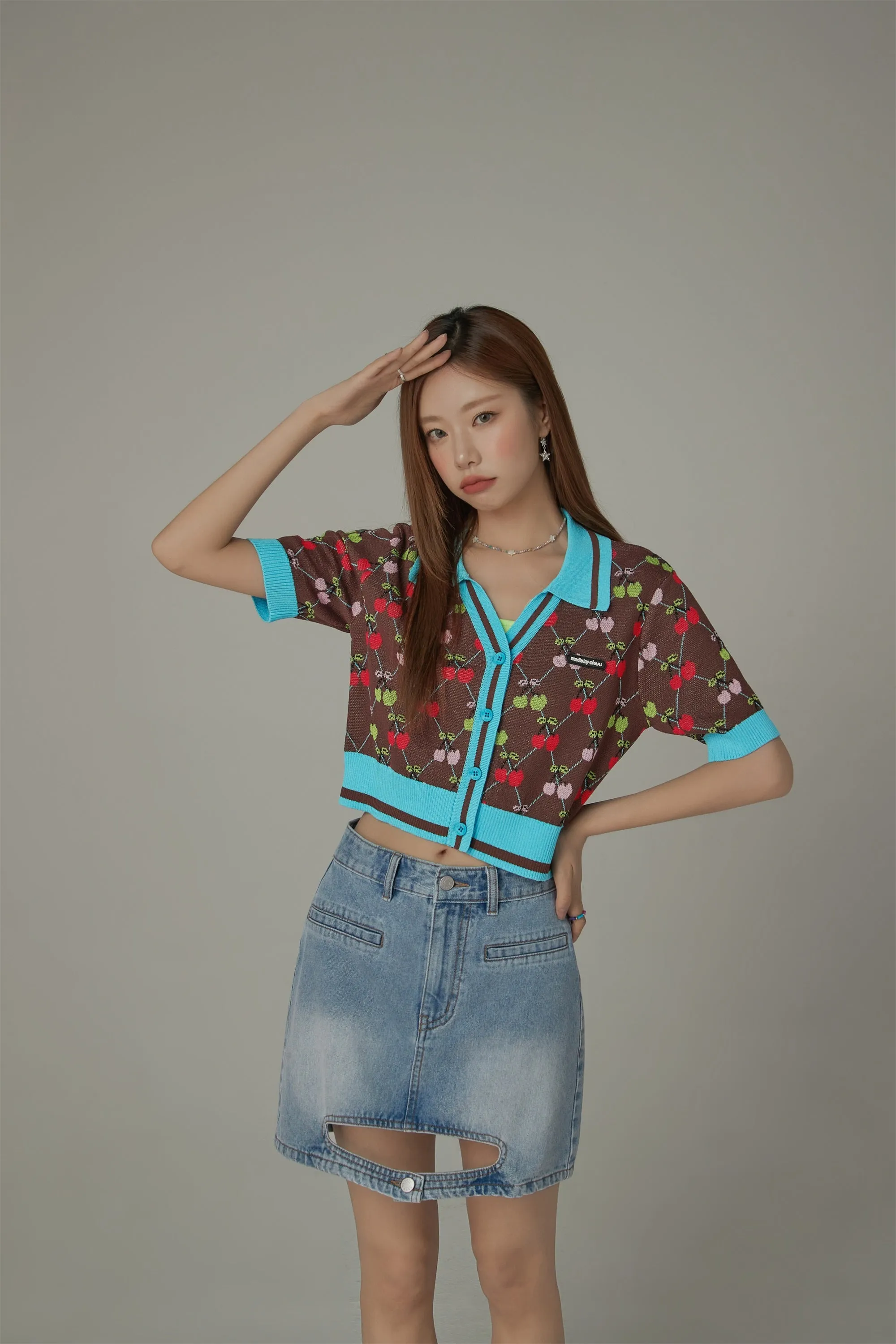 Cherry Argyle Colored Short Sleeve Knit Cardigan