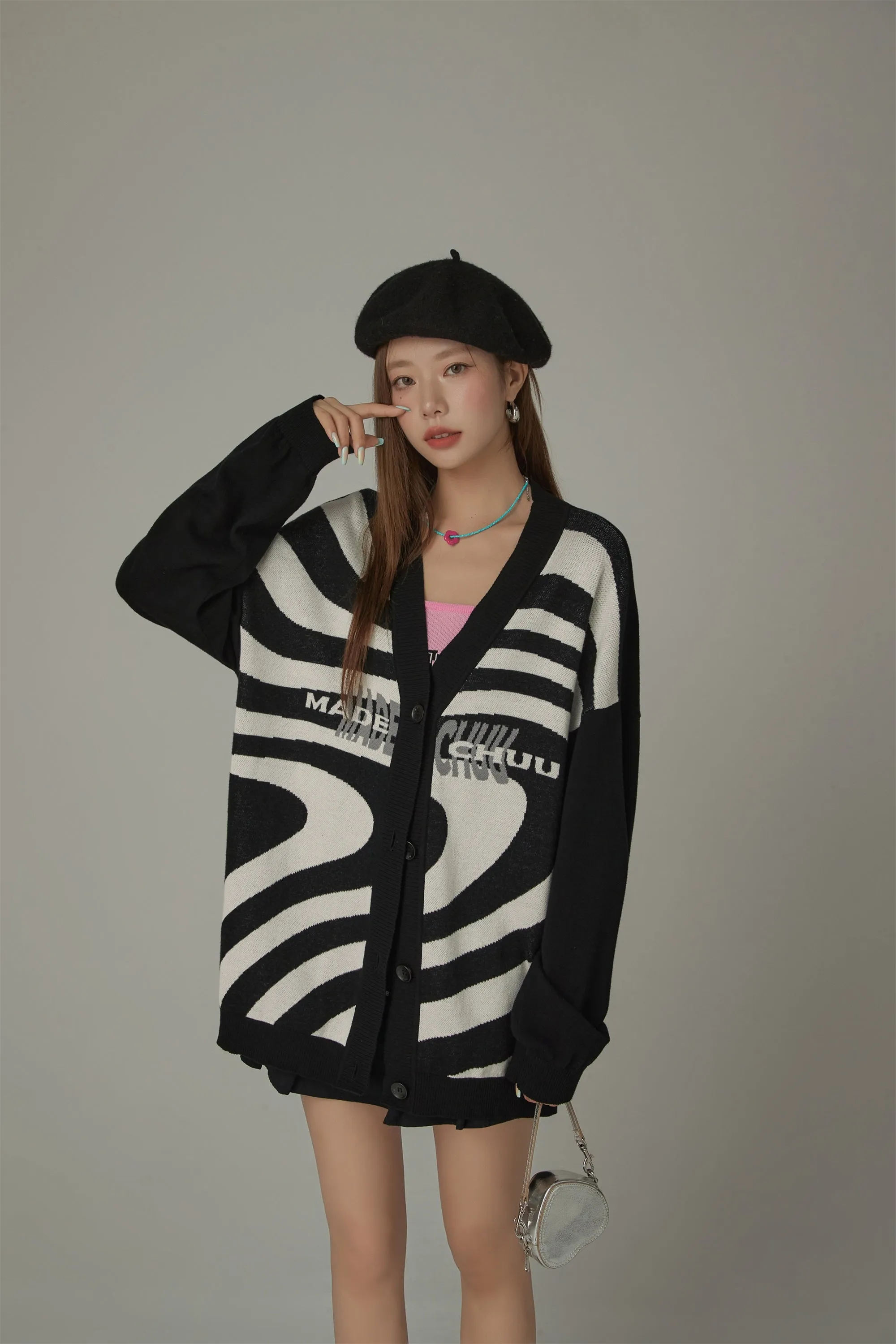 Color Matching Pattern Loose Fit Cardigan