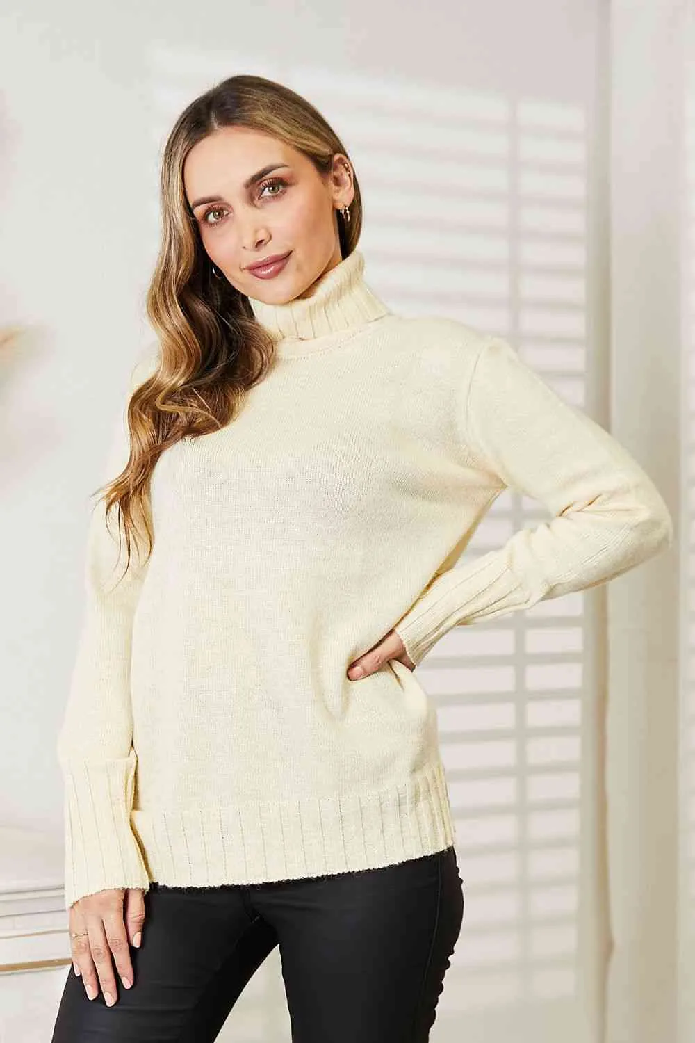 Full Size Long Sleeve Turtleneck Sweater with Side Slit