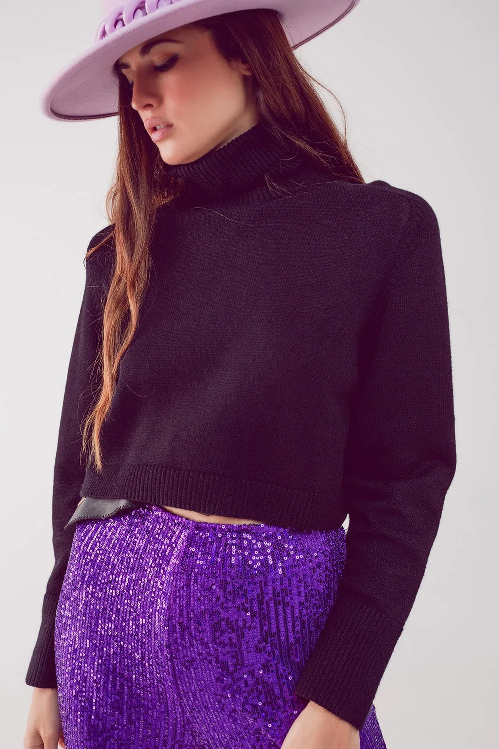 High Neck Cropped Jumper In Black