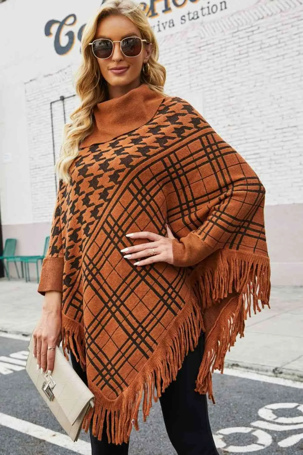 Houndstooth Turtleneck Fringe Hem Poncho