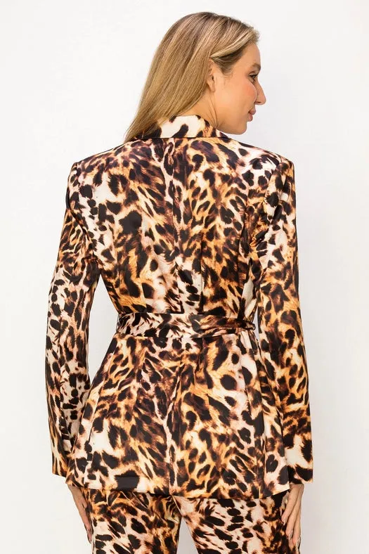 Long Leopard Print Blazer with Belt