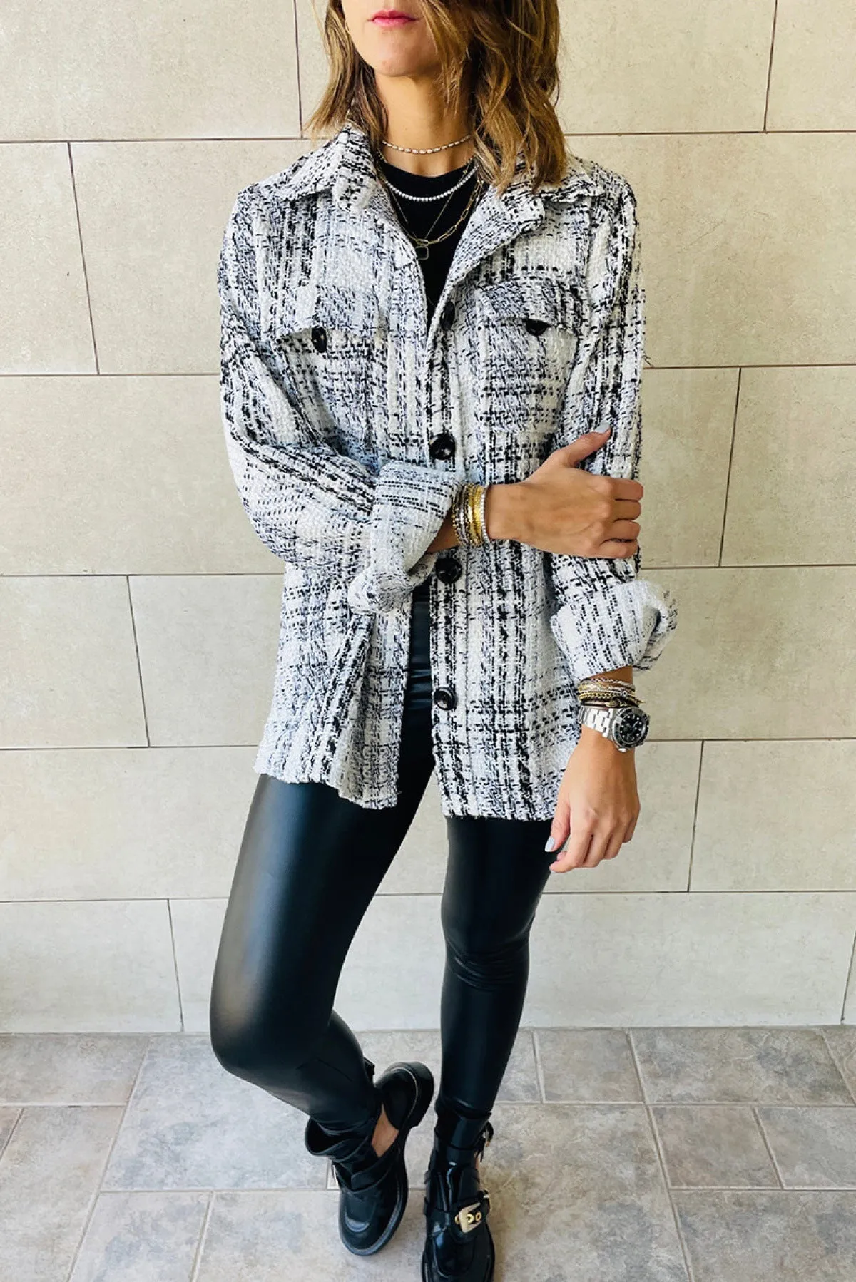 Loose Plaid Button Long-Sleeved Jacket With Pocket