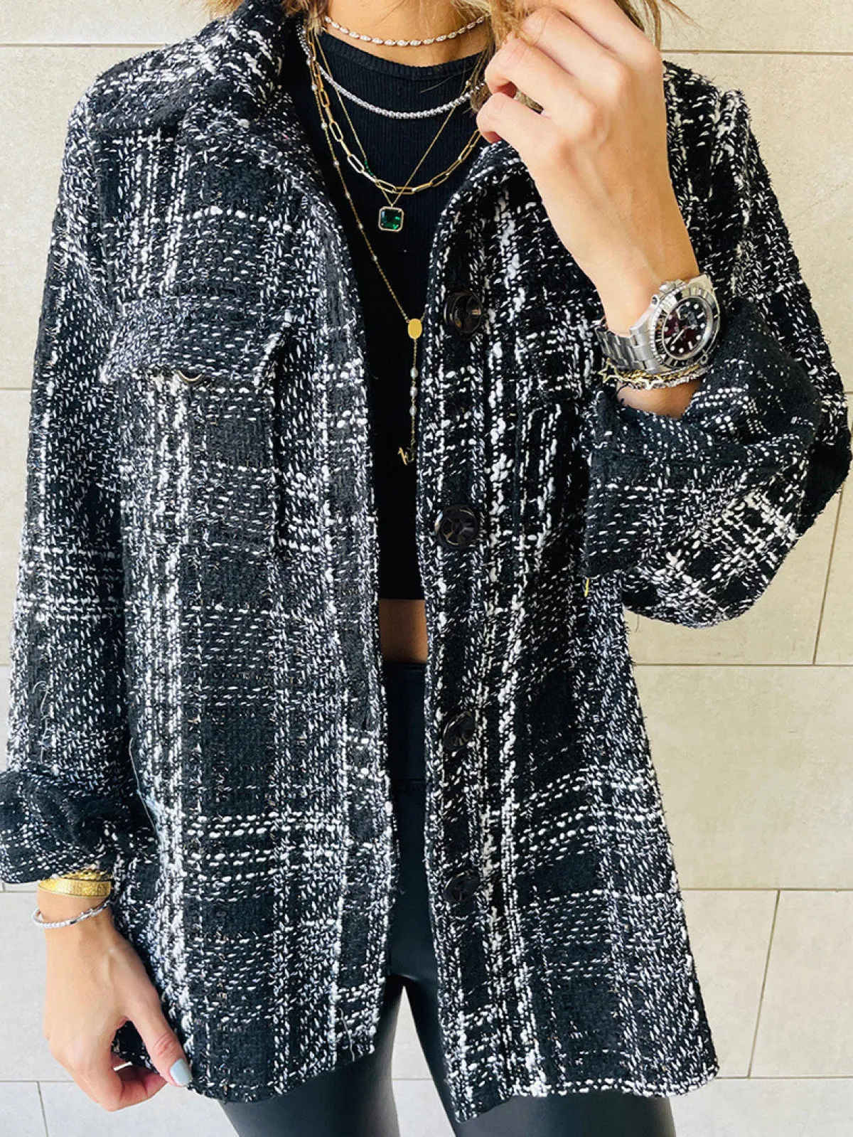 Loose Plaid Button Long-Sleeved Jacket With Pocket