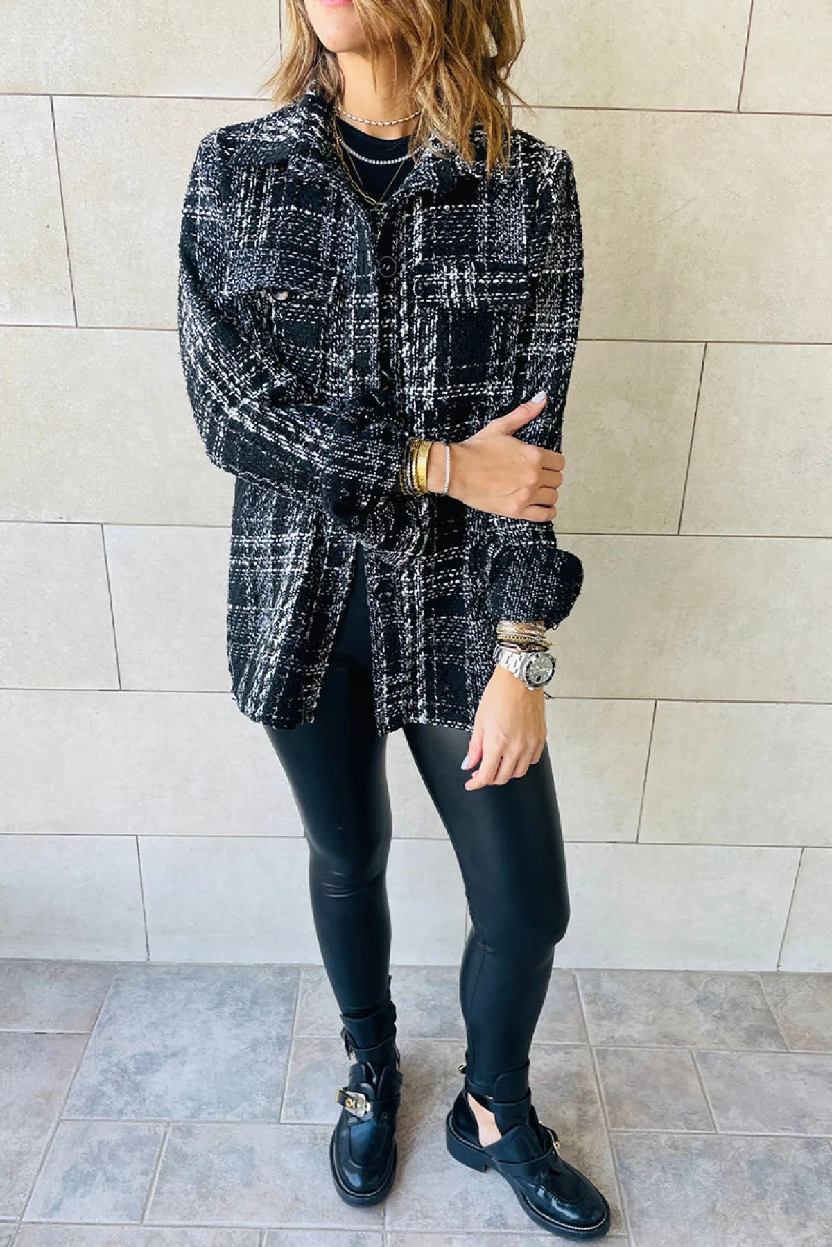 Loose Plaid Button Long-Sleeved Jacket With Pocket