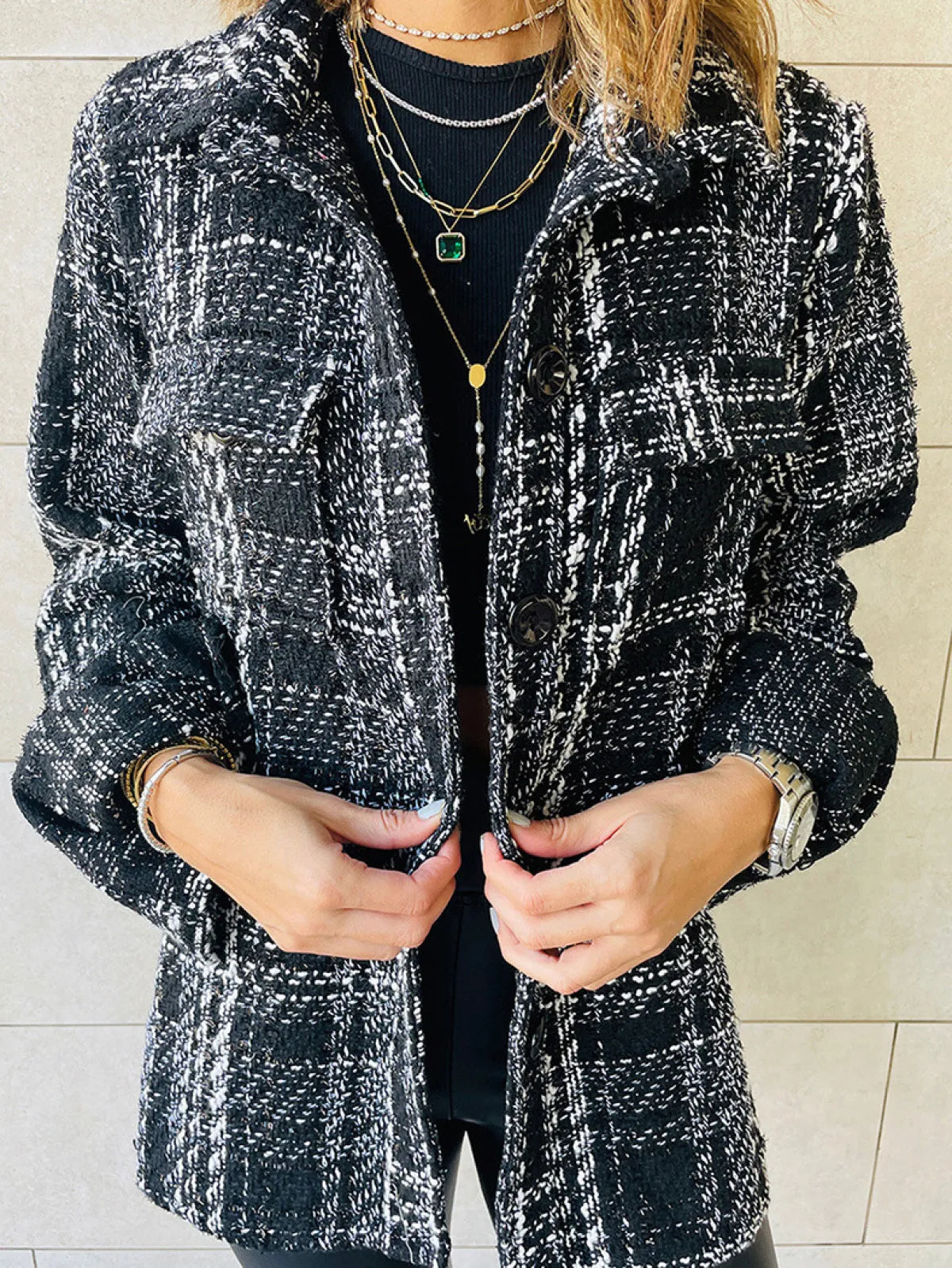 Loose Plaid Button Long-Sleeved Jacket With Pocket