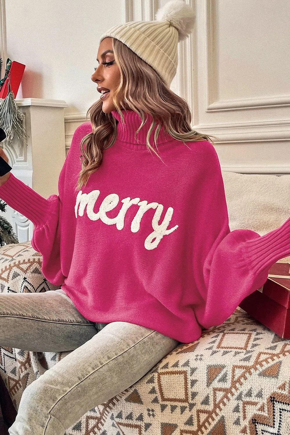 MERRY Embroidered Turtleneck Sweater: Fuchsia