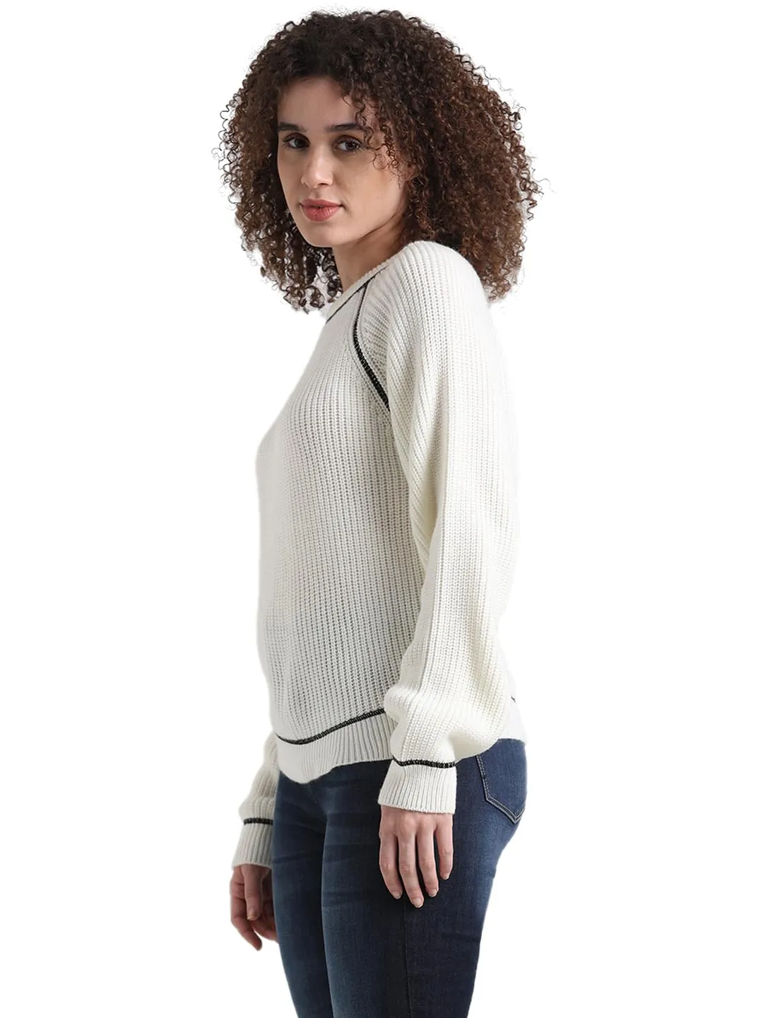 ONLY Women's Acrylic Round Neck Sweater (15332501- Ecru