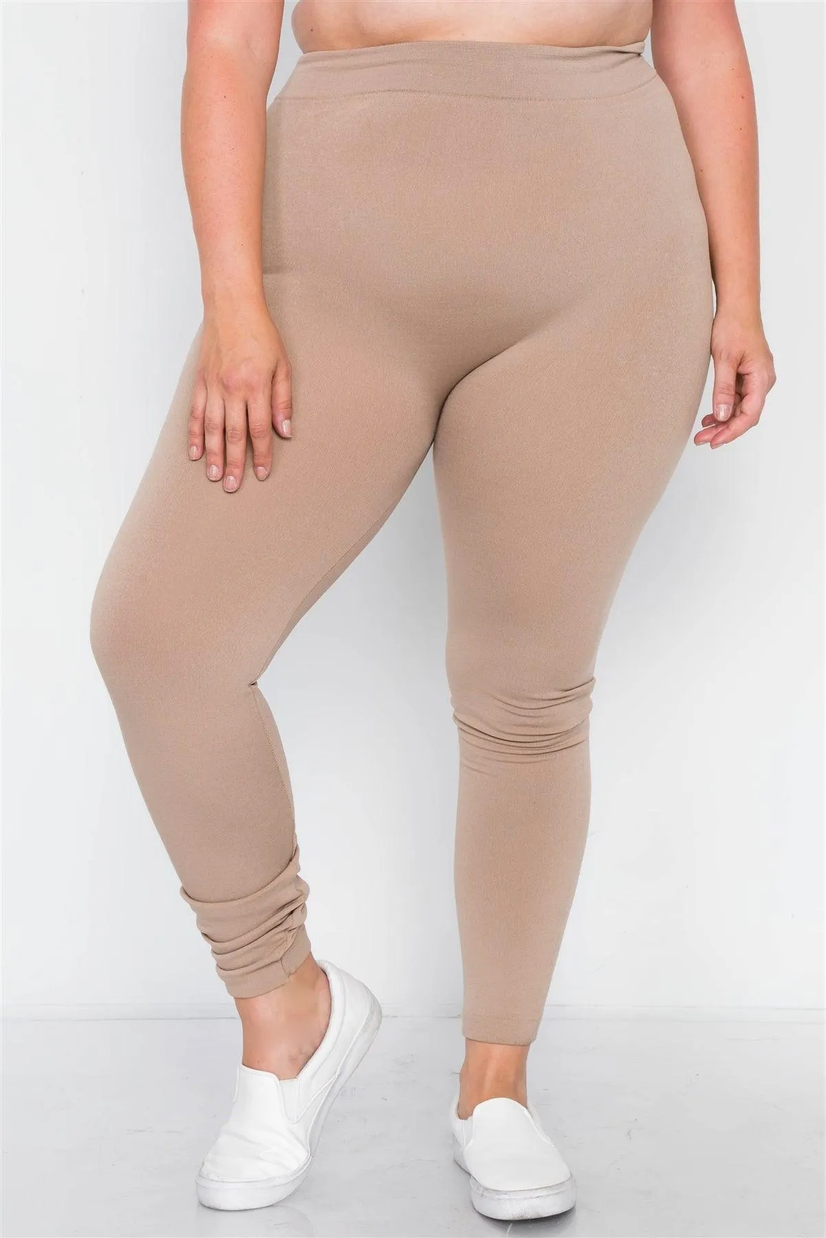 Plus Size Beige Fleece Lined Solid Leggings /7