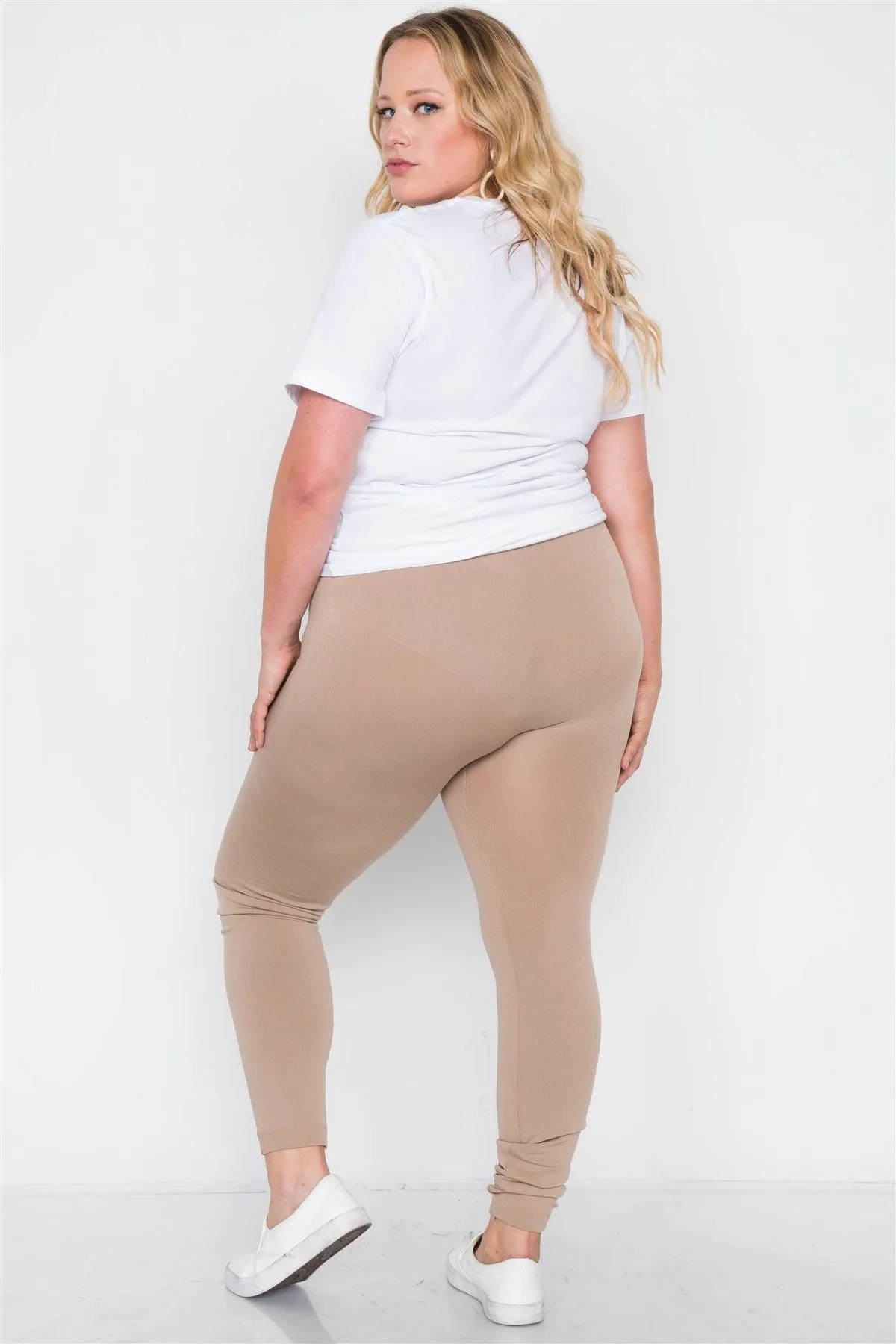 Plus Size Beige Fleece Lined Solid Leggings /7