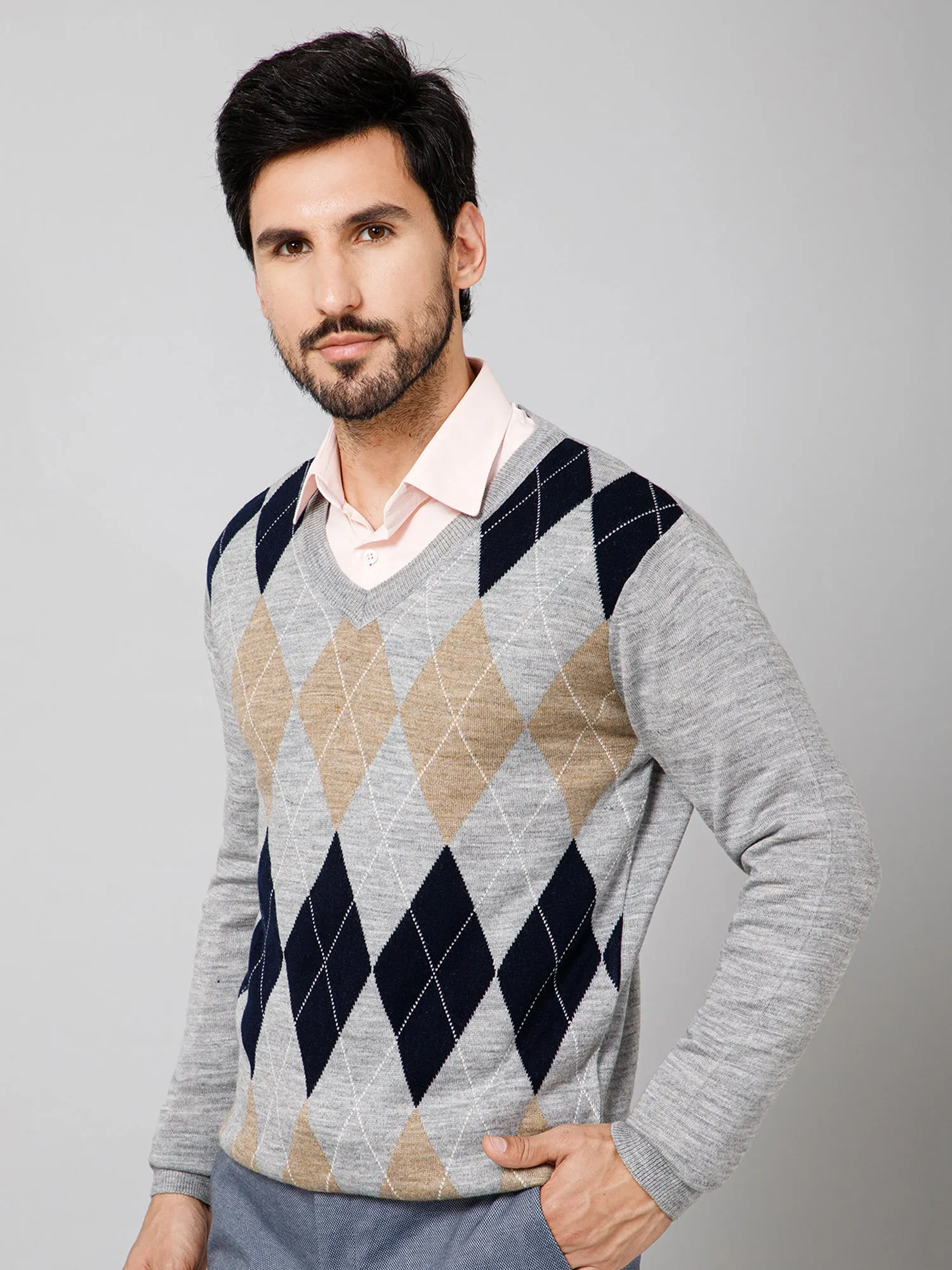 Printed Grey V Neck Full Sleeves Regular Fit Casual Sweater For Mens