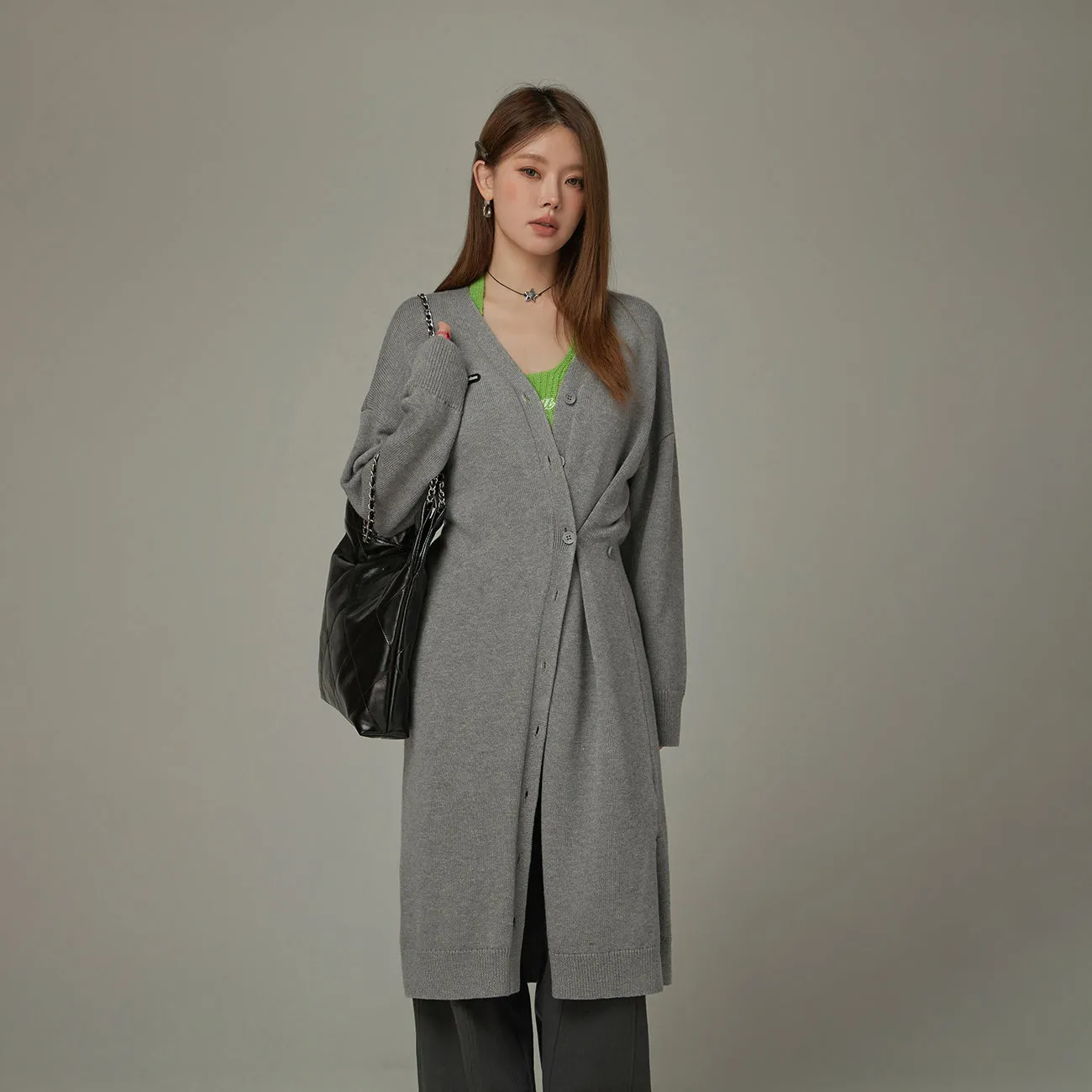 Slit Wrap Button Knit Long Cardigan