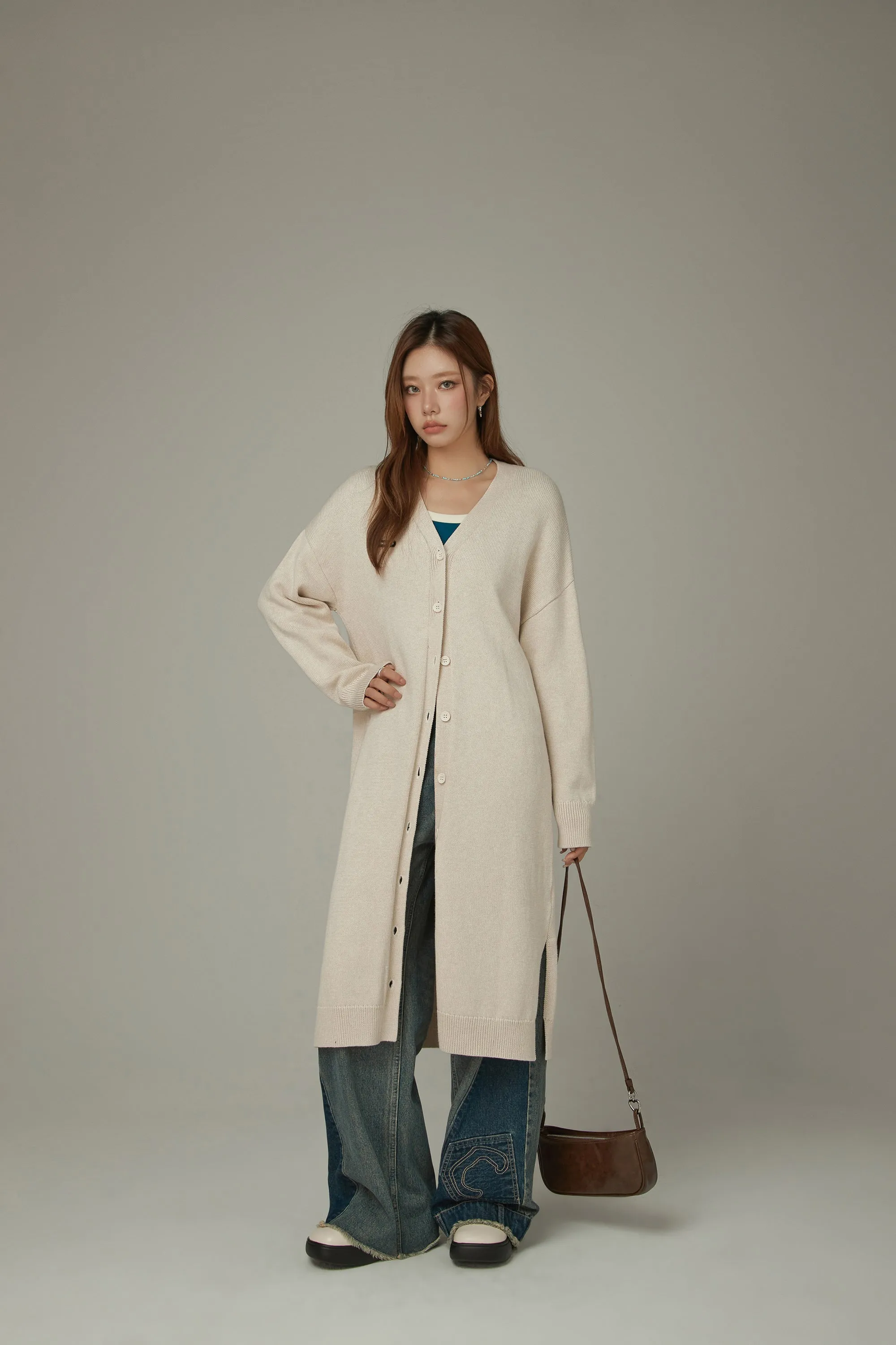 Slit Wrap Button Knit Long Cardigan