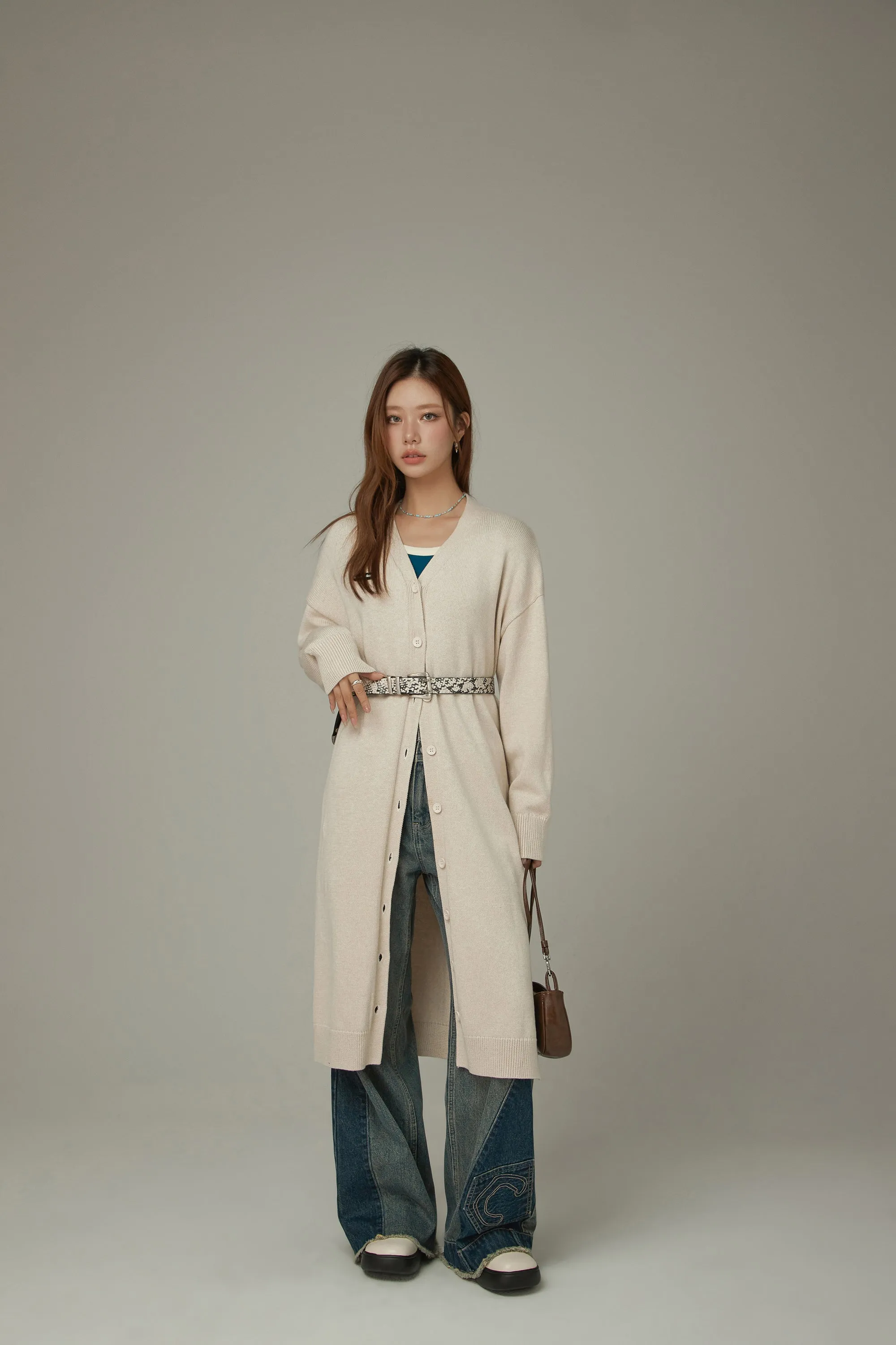 Slit Wrap Button Knit Long Cardigan