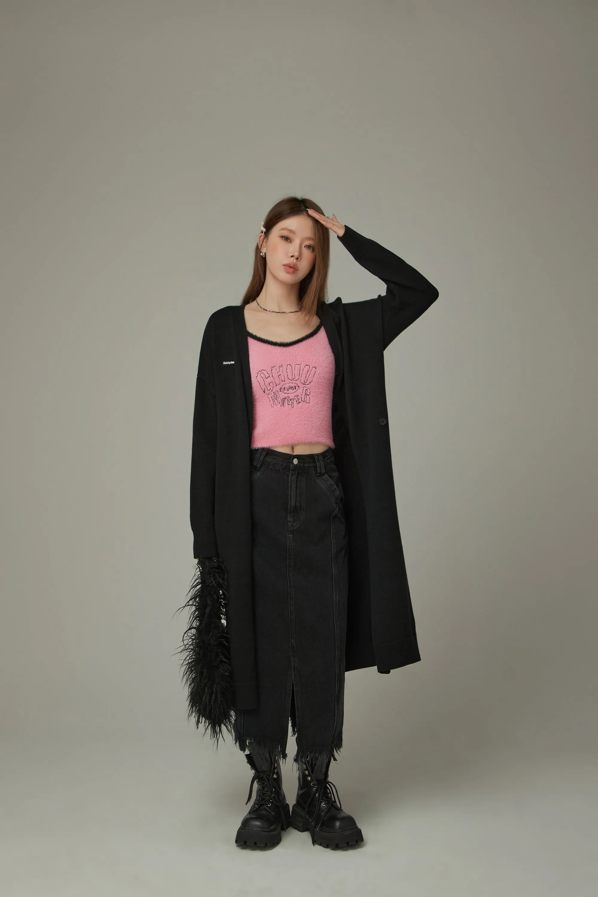 Slit Wrap Button Knit Long Cardigan