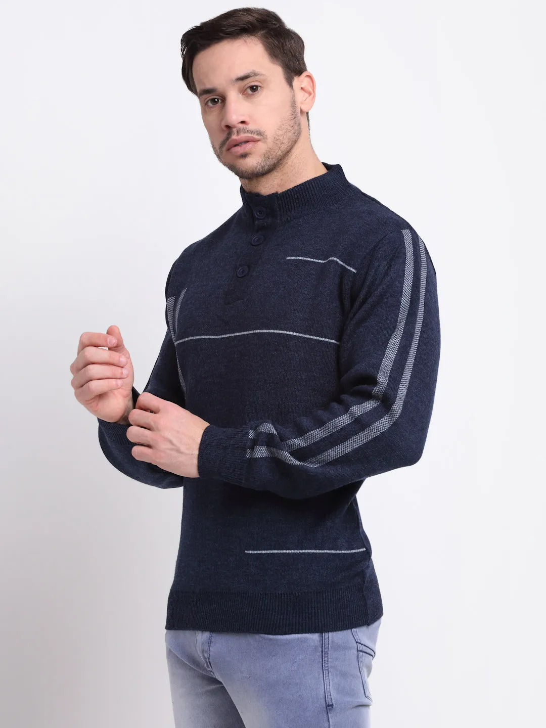 Striped Blue Full Sleeves Mock Collar Regular Fit Casual Sweater for Men