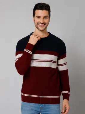 Striped Maroon Full Sleeves Round Neck Regular Fit Casual Sweater for Men