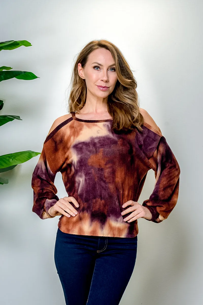 Tie Dye Cold Shoulder Mono Long Bishop Sleeve Sweater (BT91190)