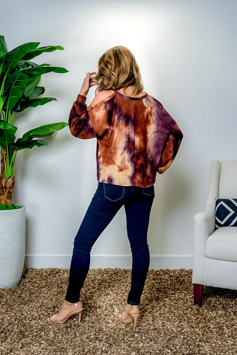 Tie Dye Cold Shoulder Mono Long Bishop Sleeve Sweater (BT91190)