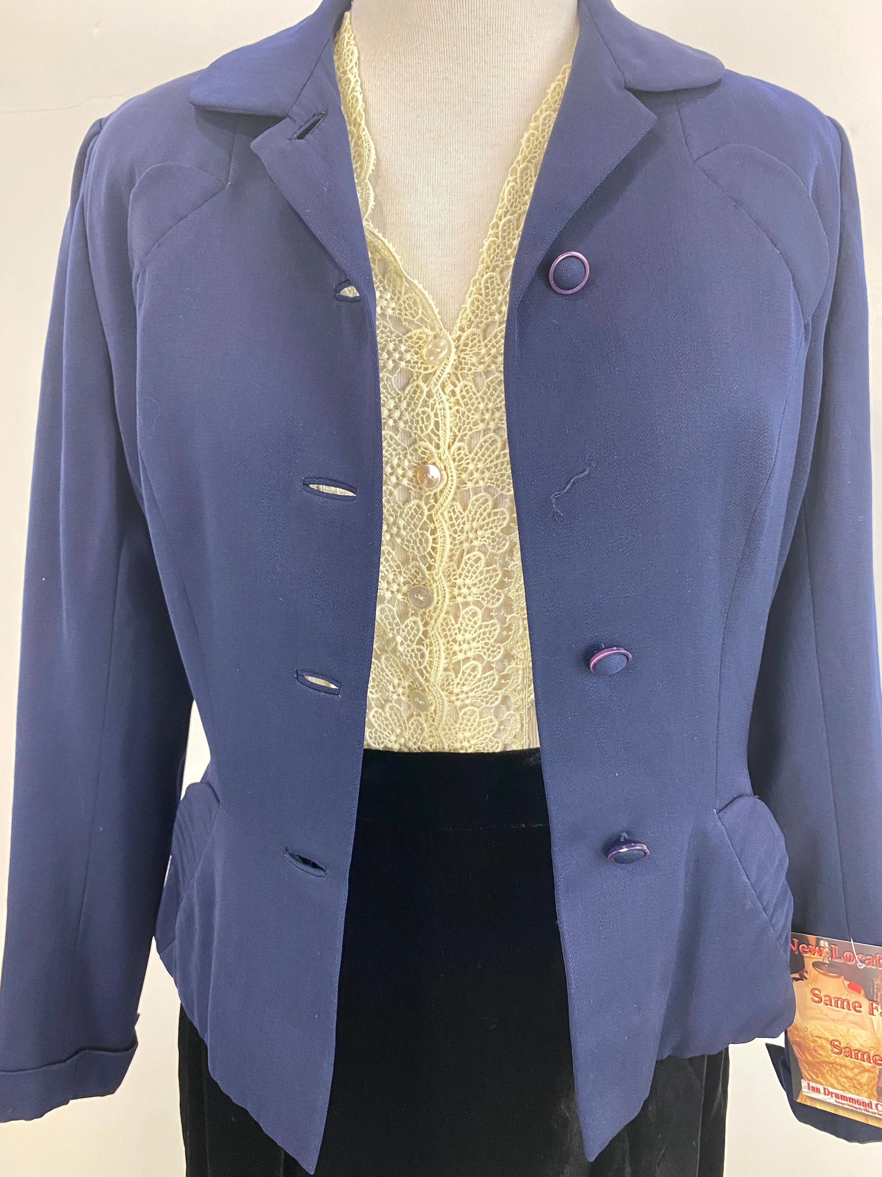 Vintage 1940s Women's Tailored Navy Wool-Gabardine Jacket, S-M