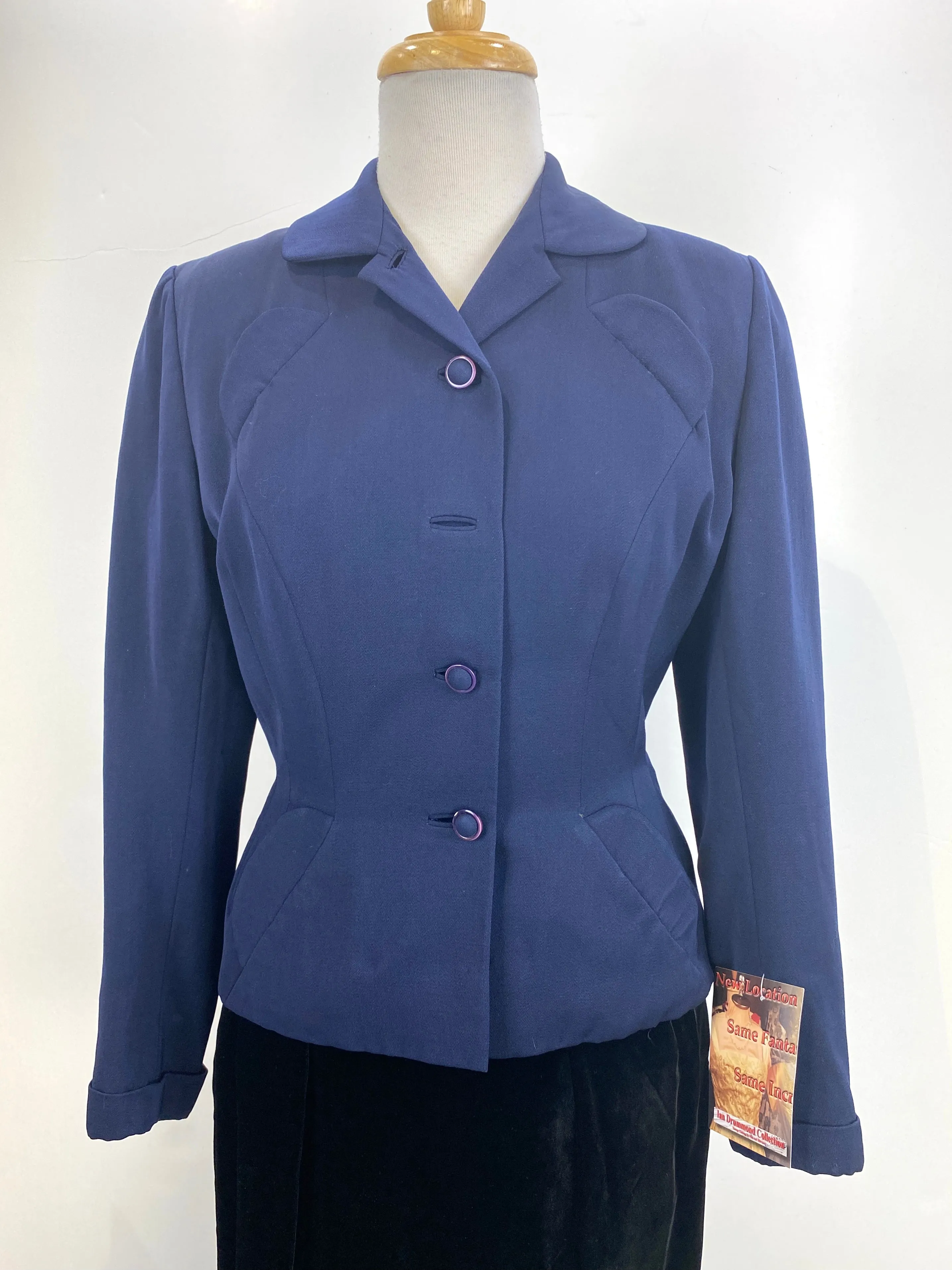 Vintage 1940s Women's Tailored Navy Wool-Gabardine Jacket, S-M