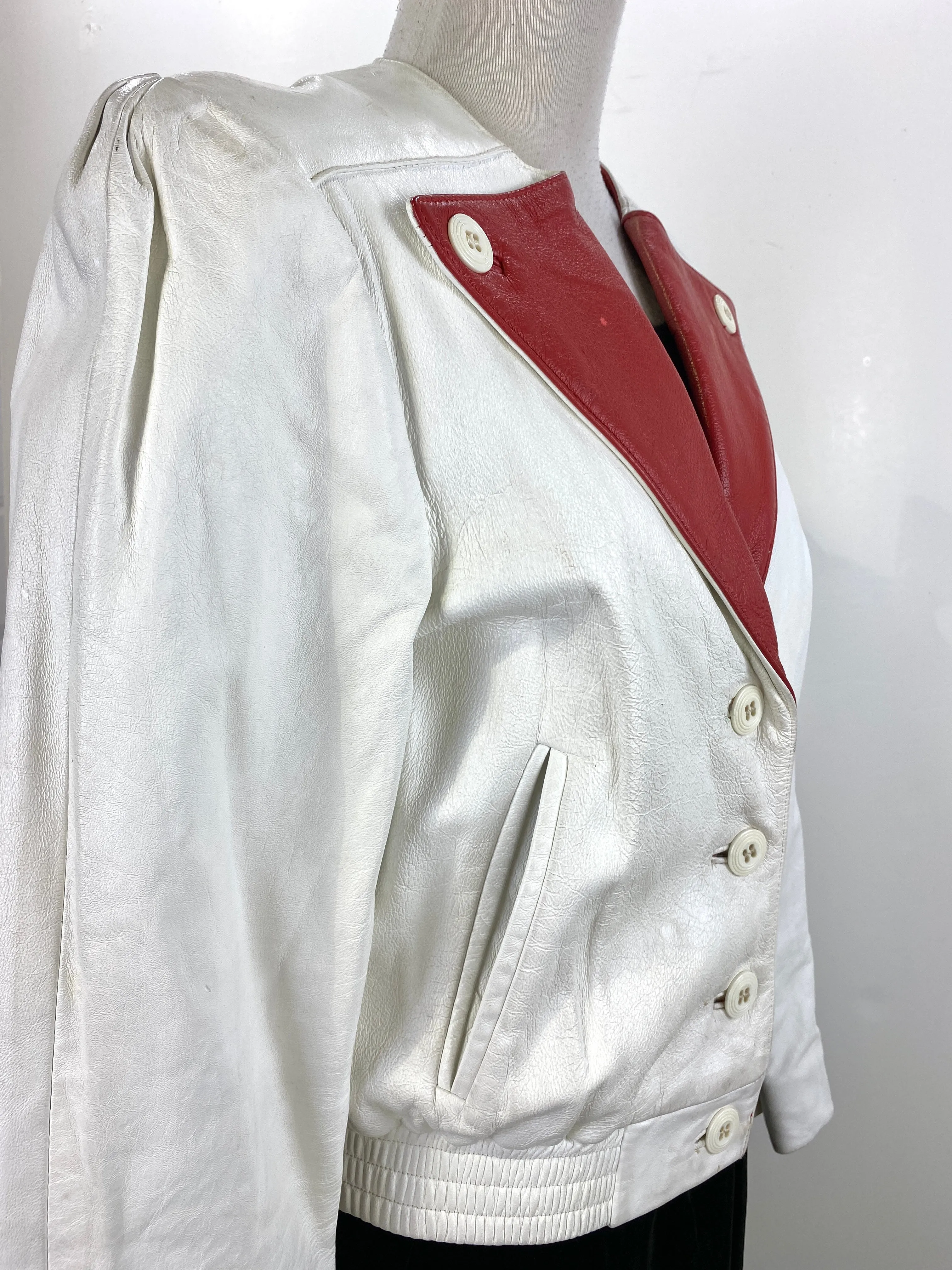 Vintage 1980s Women's White/ Red Leather Jacket, Medium