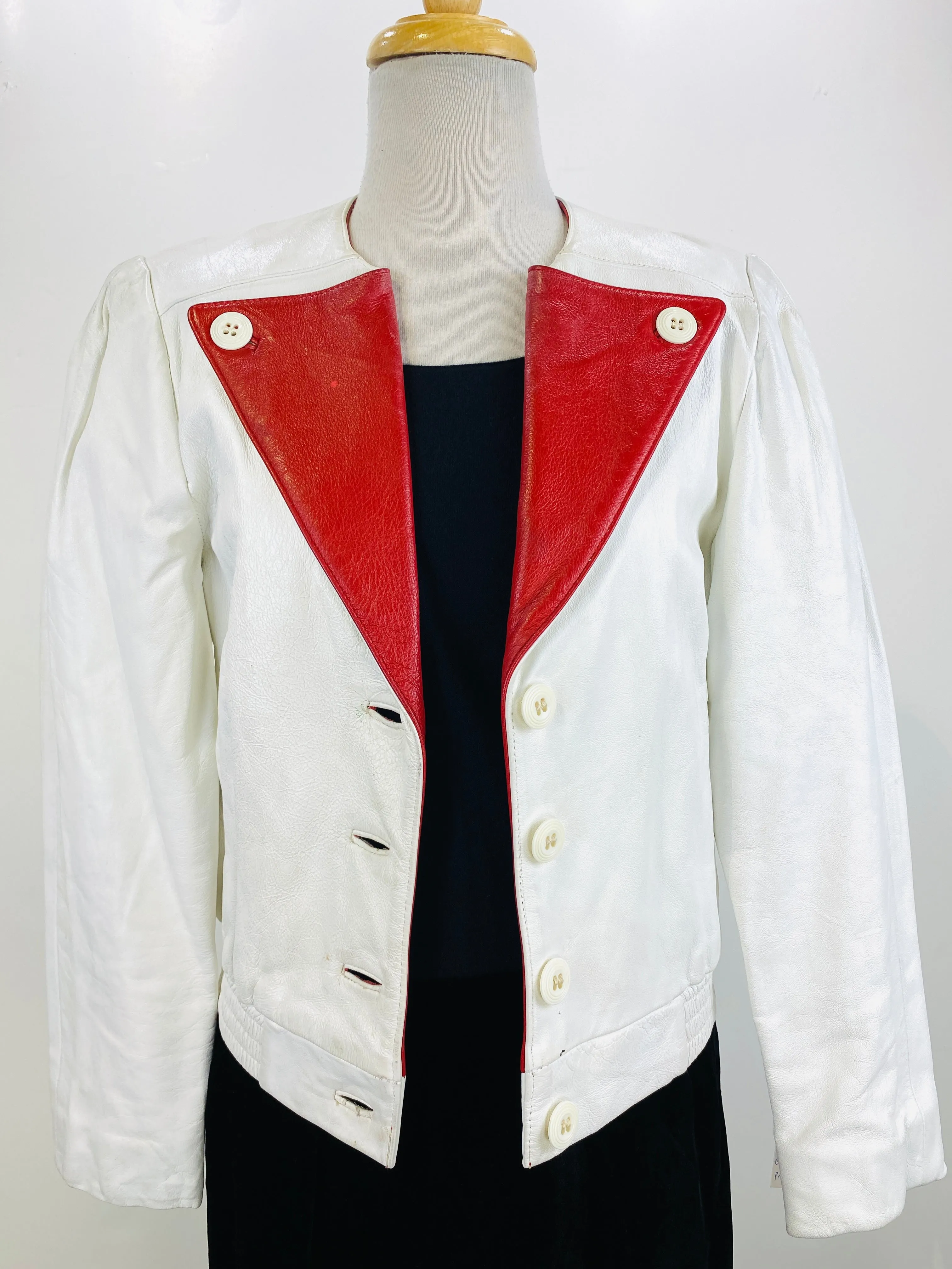 Vintage 1980s Women's White/ Red Leather Jacket, Medium