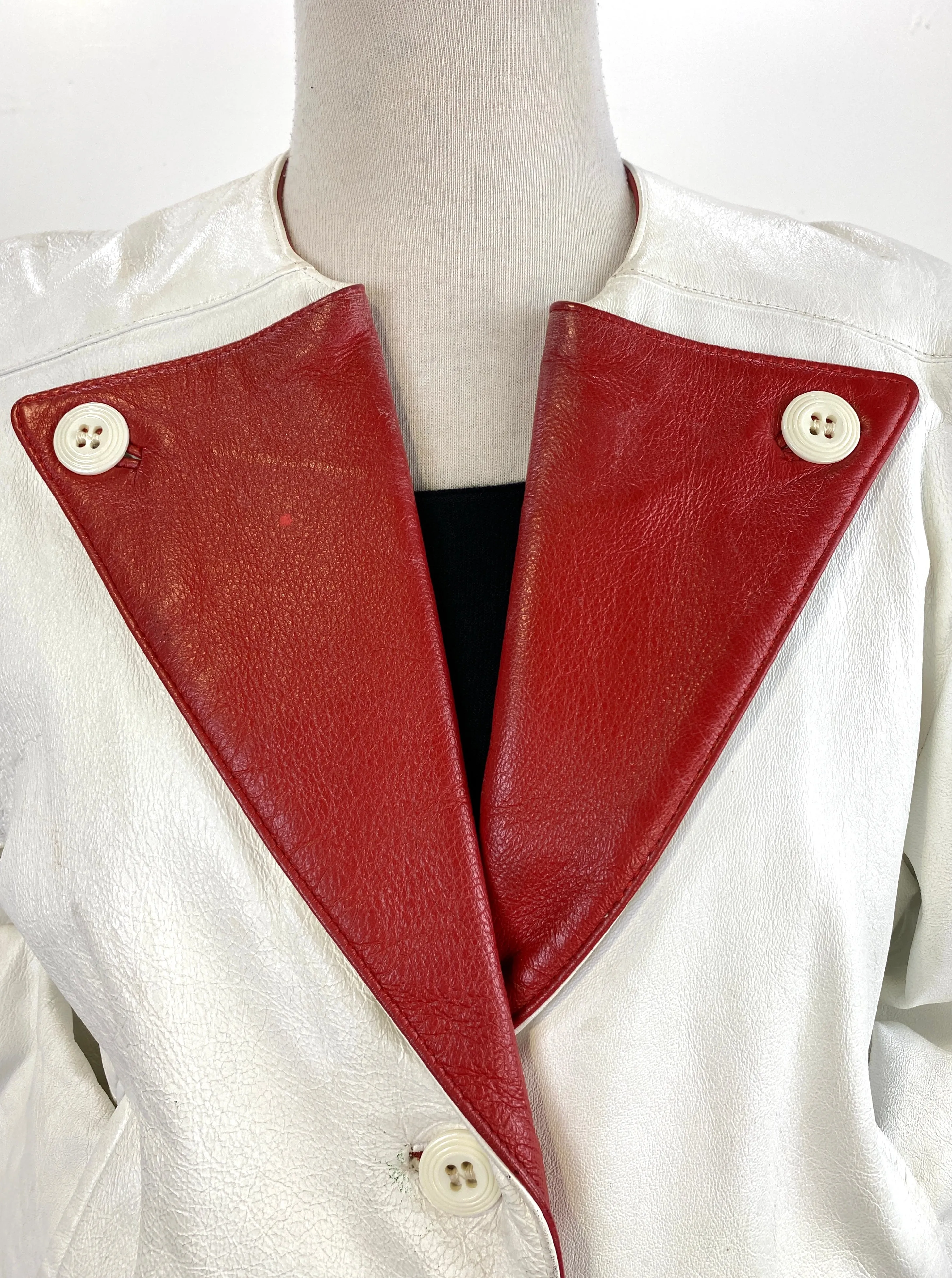 Vintage 1980s Women's White/ Red Leather Jacket, Medium