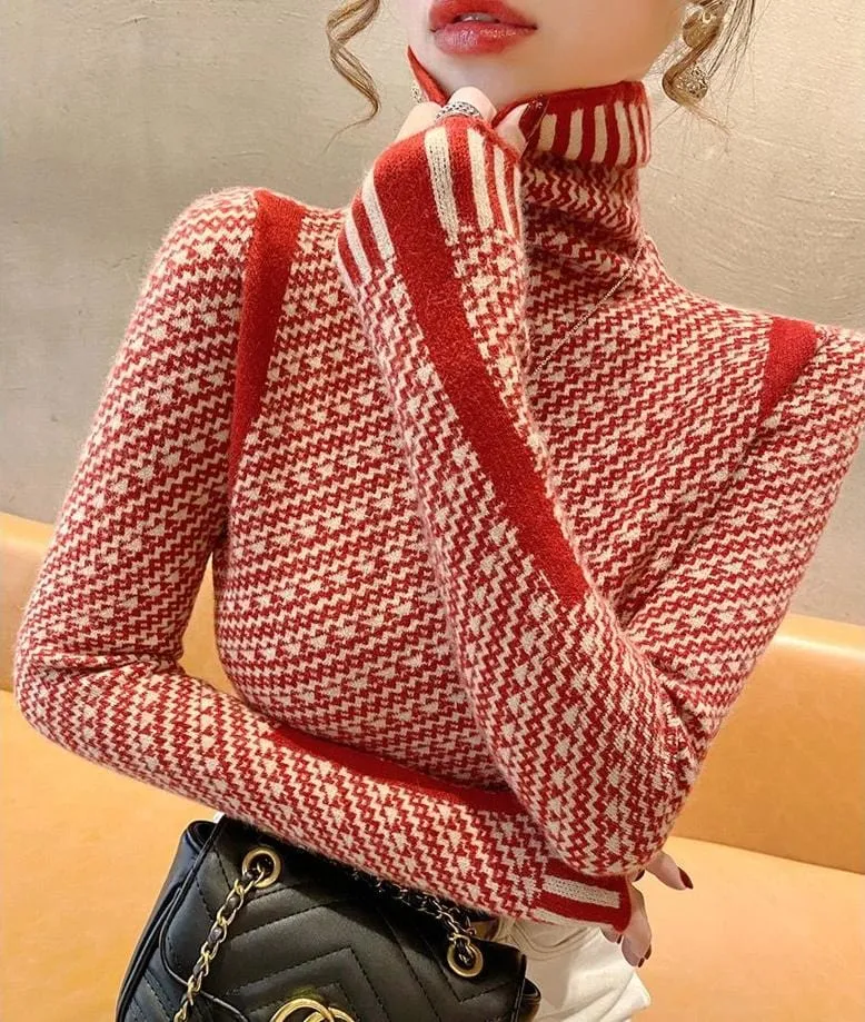 Women's Elegant Striped Slim Fit Sweater – Casual Mock Neck Pullover for Office & Chic Style