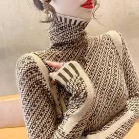 Women's Elegant Striped Slim Fit Sweater – Casual Mock Neck Pullover for Office & Chic Style